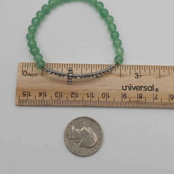 Aventurine Glass Green Beaded Silver Tone Cross Bracelet Rhinestone Sparkle - Picture 11 of 11